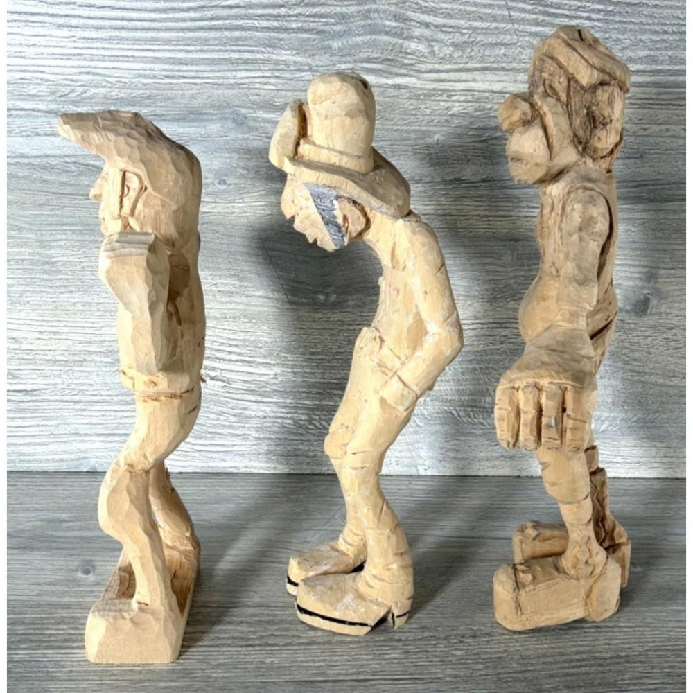 3 Vintage Folk Art Wood Hand Carved Figures Unpainted Project Pieces Wooden - Picture 2 of 11